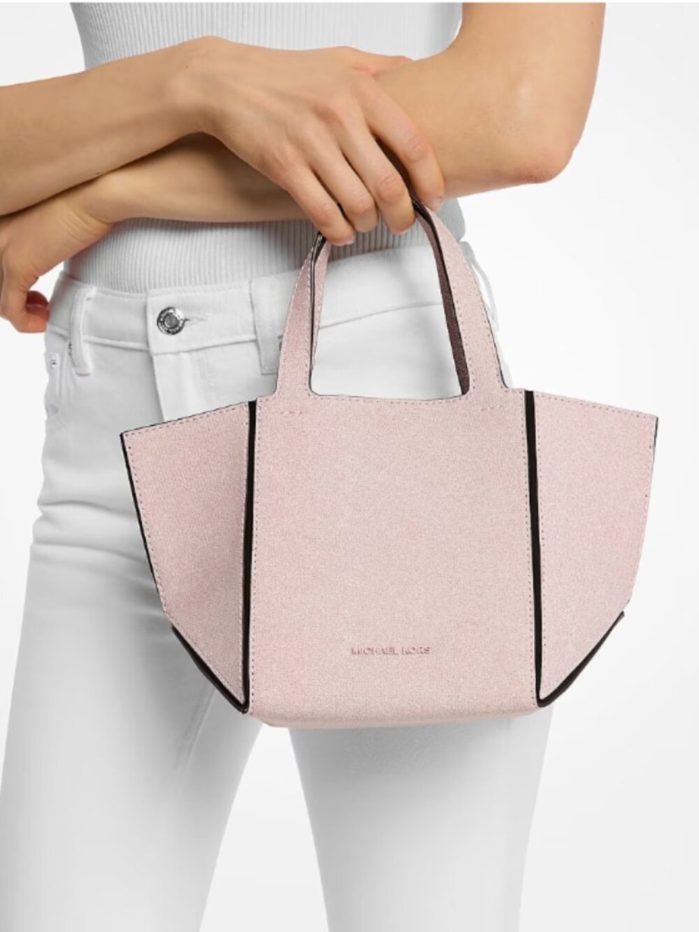 Denim Printed Pink Leather Triangle mini bag